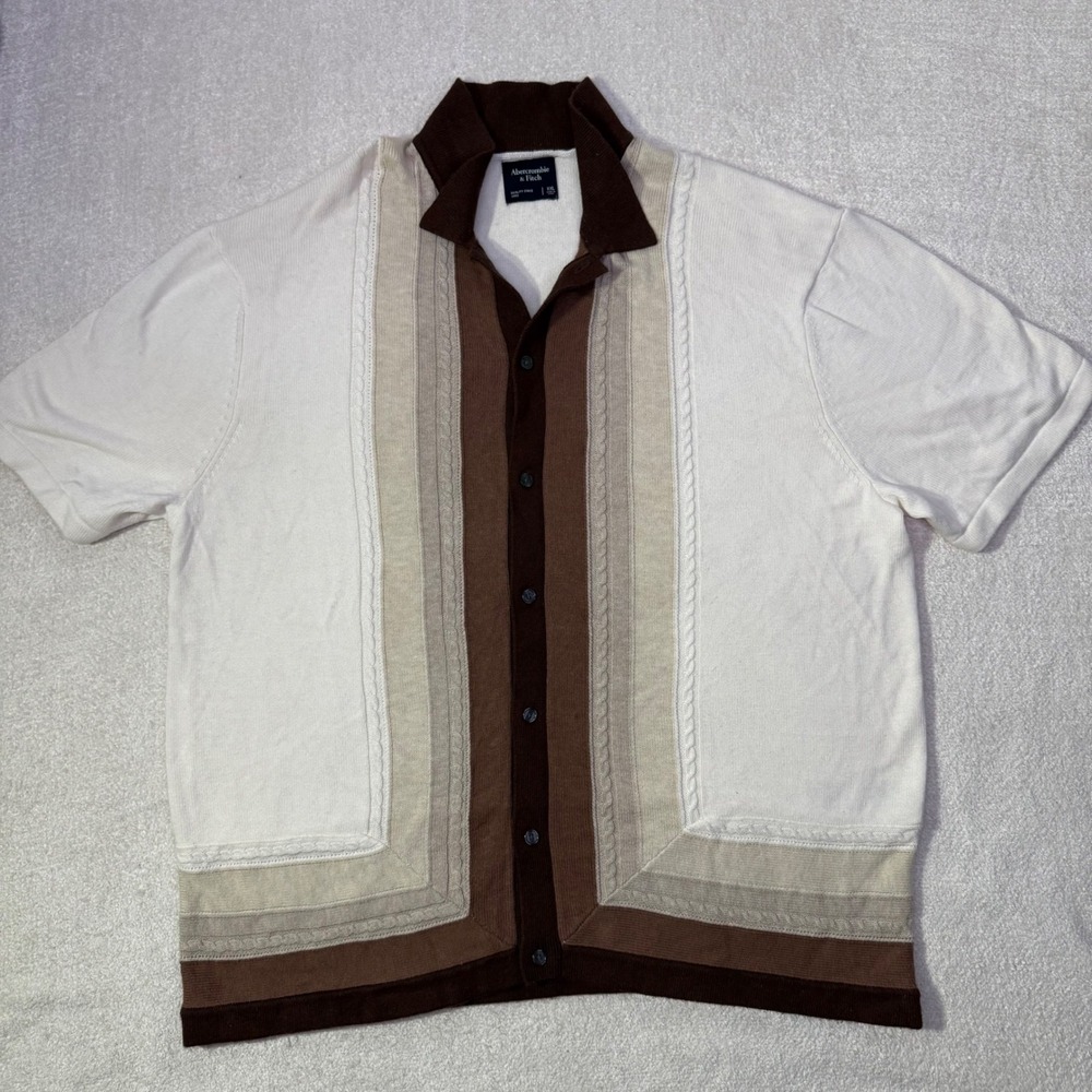 Abercrombie & Fitch Knit Border Stripe Button Sweater Mens XXL White Brown Retro